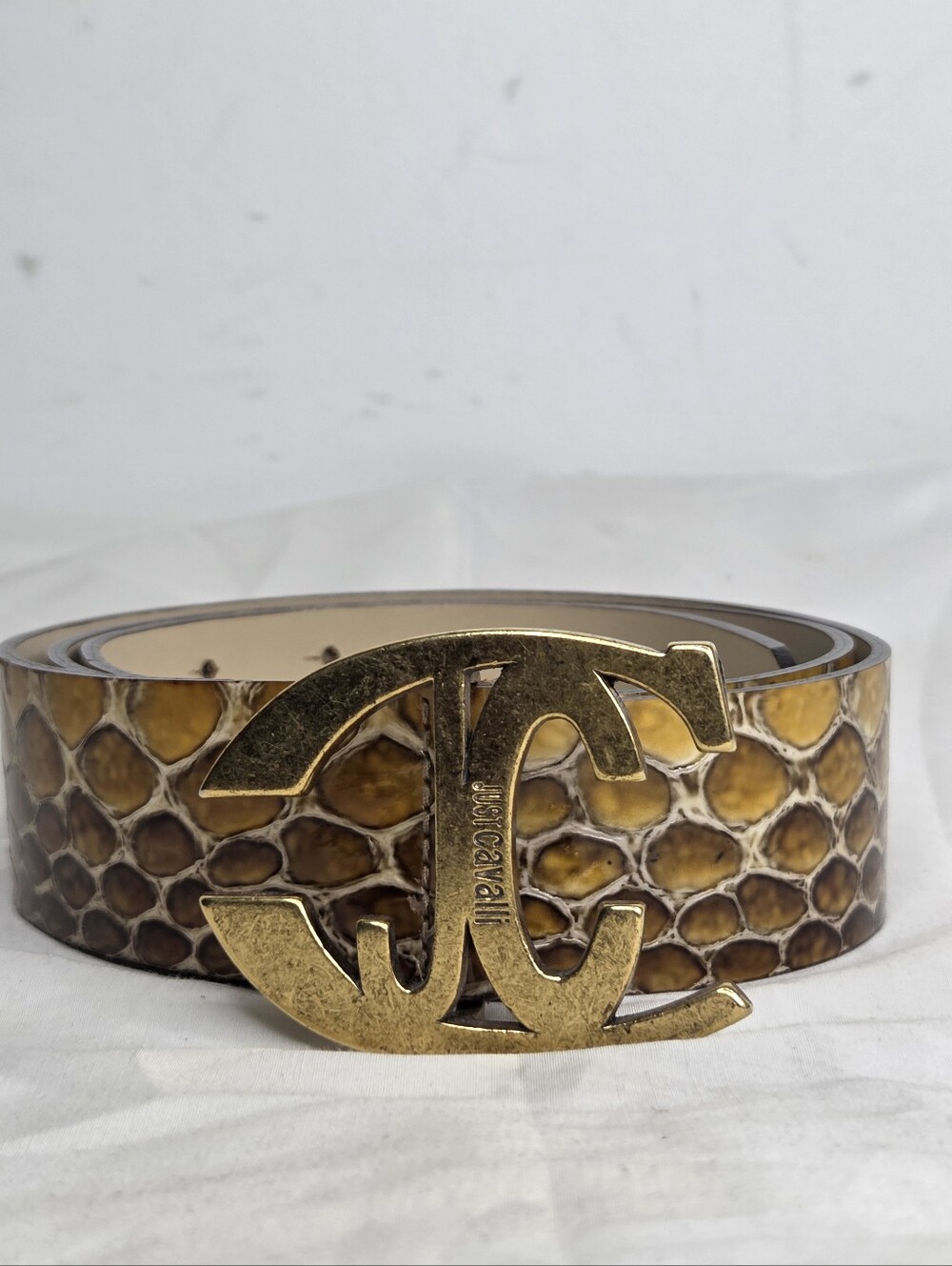 Roberto Cavalli Men's Brown Python-Embossed Leather Belt with Gold Logo Buckle